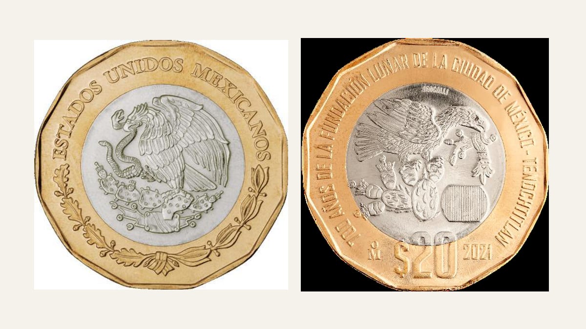 Anverso y reverso de la moneda de 20 pesos 2021 por los 700 años de la fundación lunar de México-Tenochtitlan