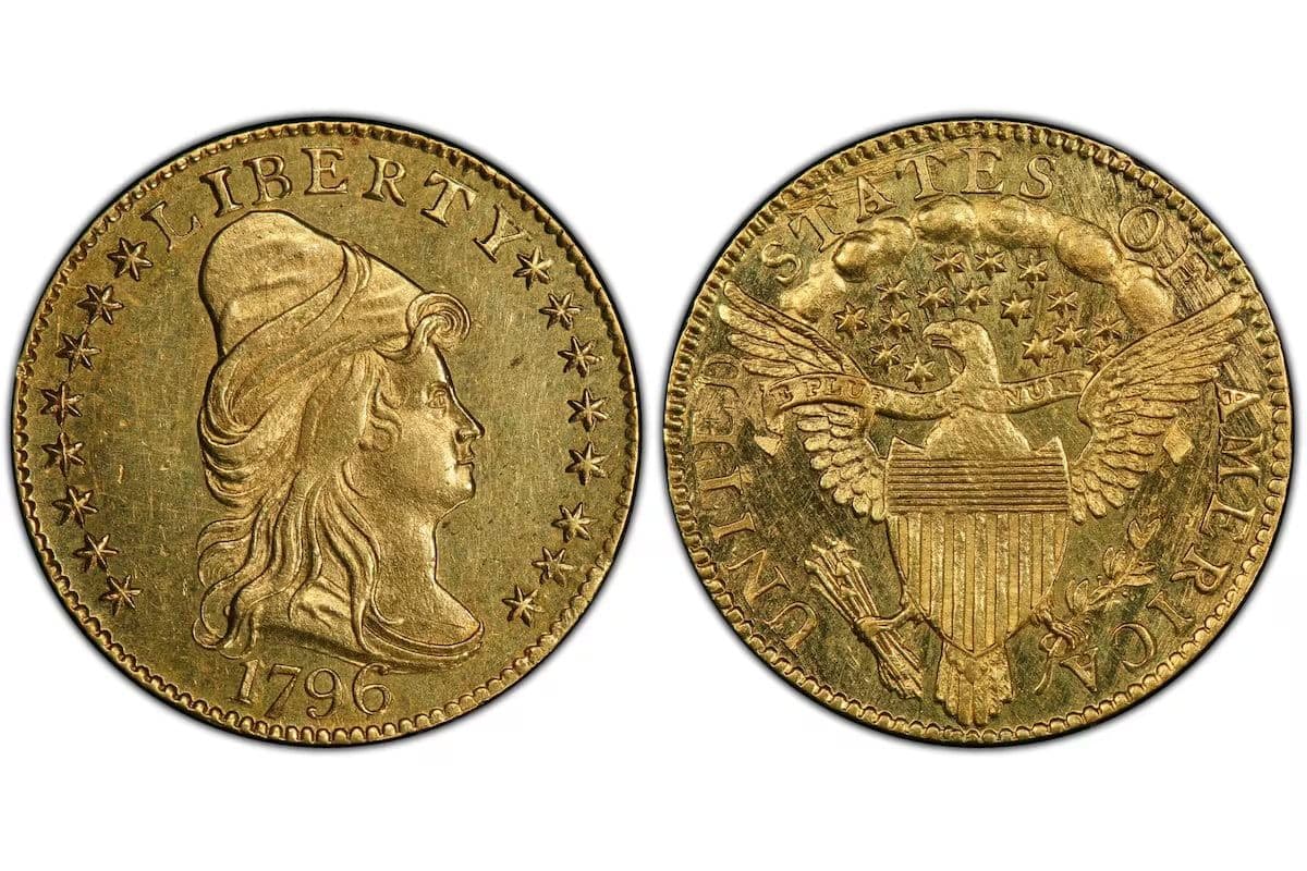 Anverso y reverso de una moneda estadounidense de oro de US$2,50 de 1796, con la figura de la Libertad rodeada por 16 estrellas y un águila heráldica