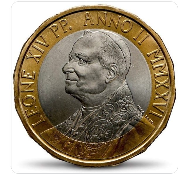 Moneda de euro del Vaticano con el retrato del Papa León XIV en el anverso