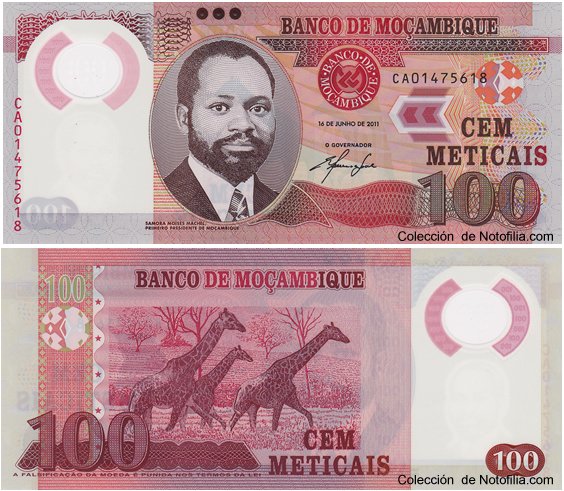 Billetes de polímero del Banco de Moçambique: 20, 50 y 100 Meticais (2011)