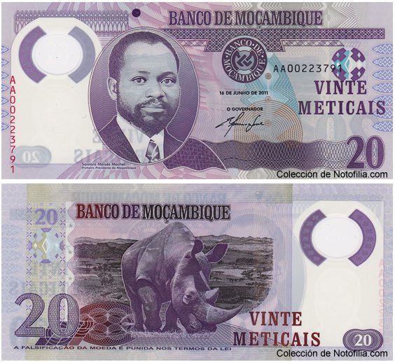Billete de 20 Meticais de polímero del Banco de Moçambique, anverso arriba con retrato de Samora Machel, reverso abajo con un rinoceronte negro