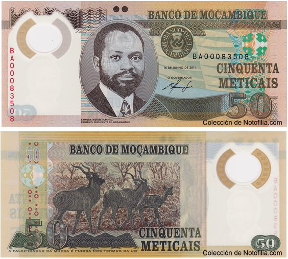 Billete de 50 Meticais de polímero del Banco de Moçambique, anverso arriba con retrato de Samora Machel, reverso abajo con antílopes kudú