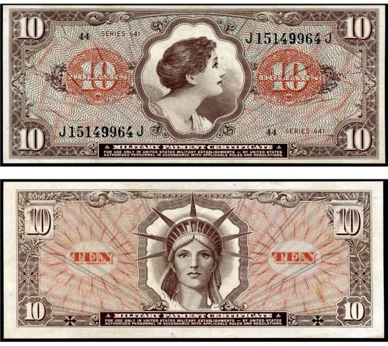 Certificado de pago militar de diez dólares, Serie 641, anverso con figura femenina y reverso con la Estatua de la Libertad