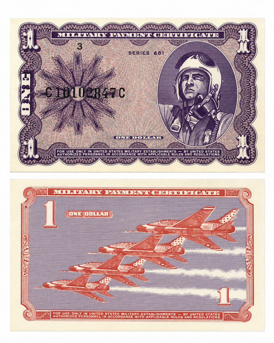 Certificado de pago militar de un dólar, Serie 681, anverso con piloto de la USAF y reverso con F-100 Super Sabre