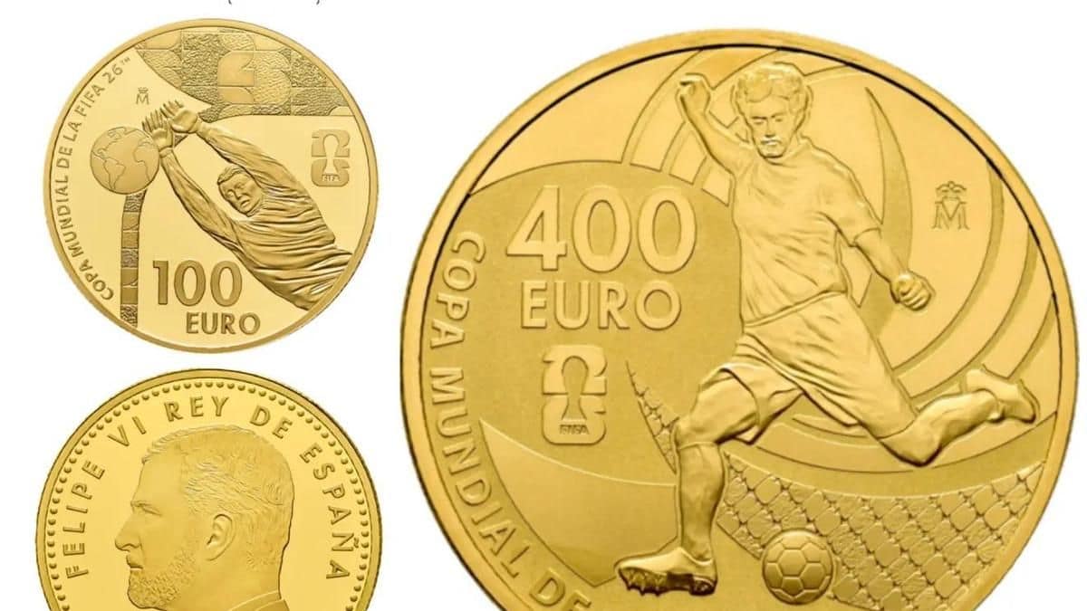 Monedas conmemorativas de la Real Casa de la Moneda por la Copa Mundial FIFA 26: anverso con Felipe VI y reversos de 100 y 400 euros con jugadores de fútbol