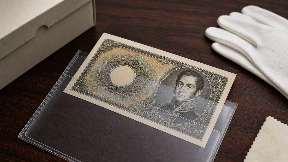 Billete antiguo de colección a medio introducir en una funda transparente de poliéster de archivo, junto a guantes de algodón y una caja libre de ácido sobre una mesa de madera
