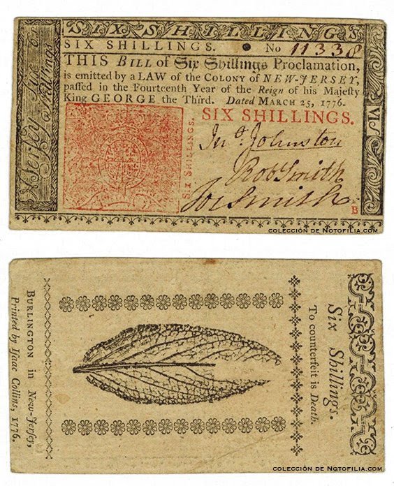 Billete colonial de Seis Chelines de Nueva Jersey, 1776, anverso y reverso