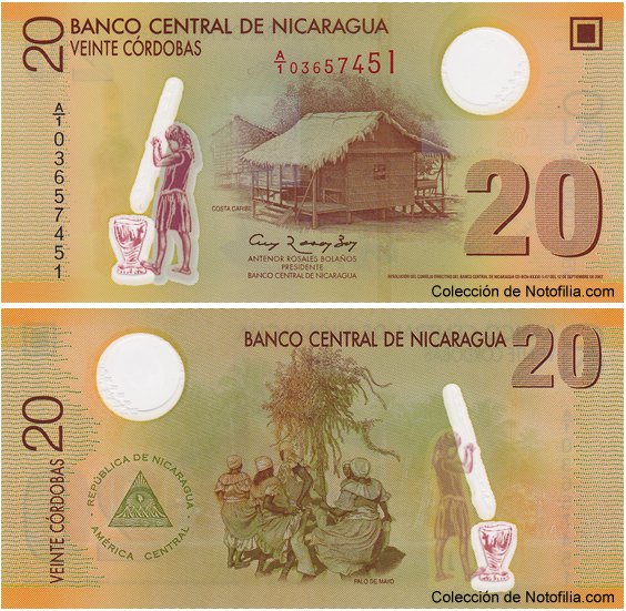 Billete de 20 córdobas de polímero del Banco Central de Nicaragua, anverso arriba con vivienda de la Costa Caribe, reverso abajo con el baile del Palo de Mayo