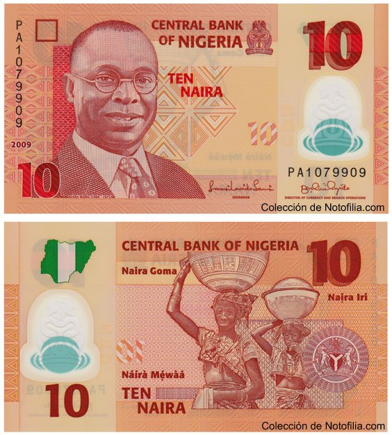 Billete de 10 Naira de polímero del Central Bank of Nigeria, anverso arriba con retrato de Alvan Ikoku, reverso abajo con dos lecheras fulani, el escudo de armas y un mapa de Nigeria