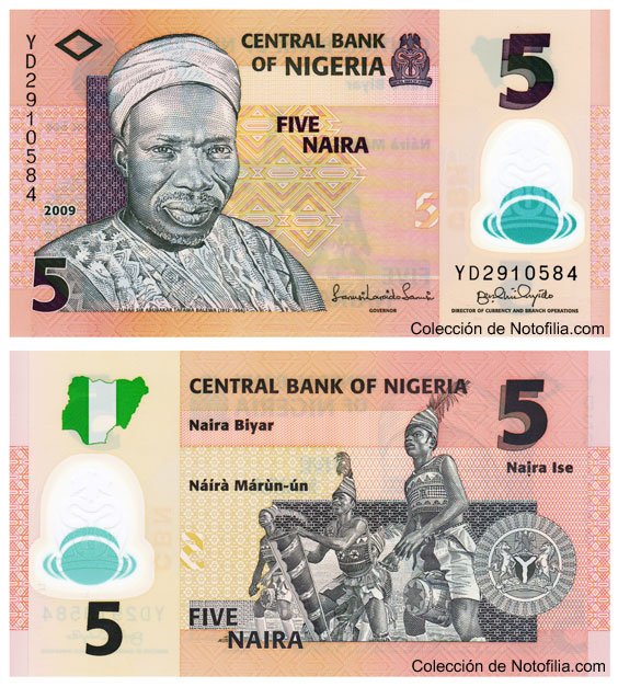 Billete de 5 Naira de polímero del Central Bank of Nigeria, con el retrato de Sir Abubakar Tafawa Balewa, año 2009
