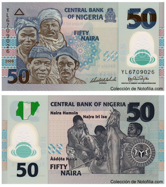 Billete de 50 Naira de polímero del Central Bank of Nigeria, anverso arriba con retrato compuesto de cuatro ciudadanos nigerianos, reverso abajo con pescadores sosteniendo una captura de pescado, el escudo de armas y un mapa de Nigeria