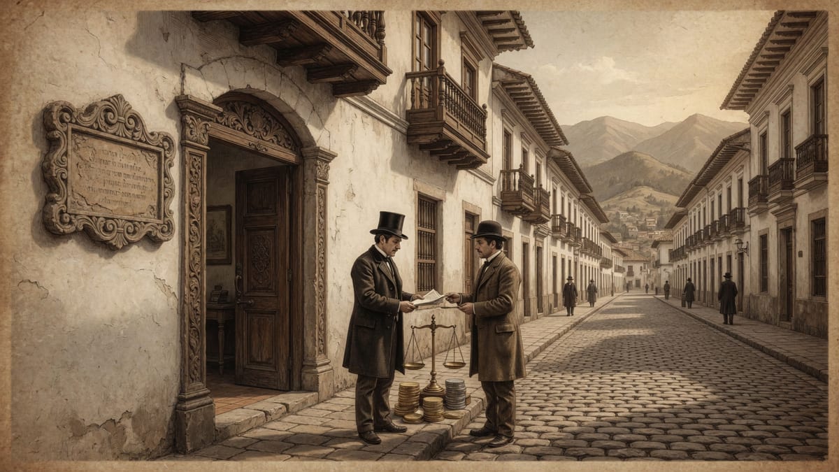 Ilustración de época de una calle colonial colombiana del siglo XIX, con dos hombres intercambiando un billete frente a un banco, una balanza y monedas