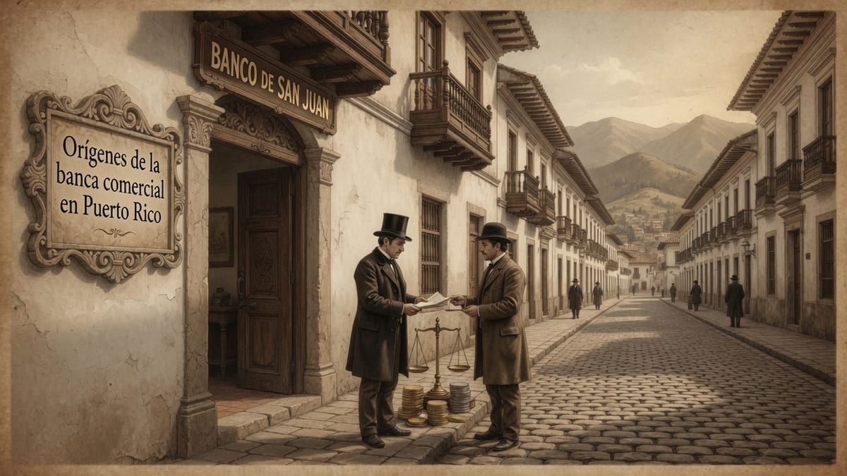 Ilustración de época de una calle colonial de Puerto Rico del siglo XIX frente al Banco de San Juan, con dos hombres intercambiando un billete