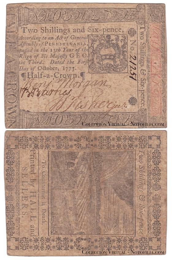 Billete colonial de dos chelines y seis peniques de Pensilvania, 1773, anverso arriba y reverso abajo