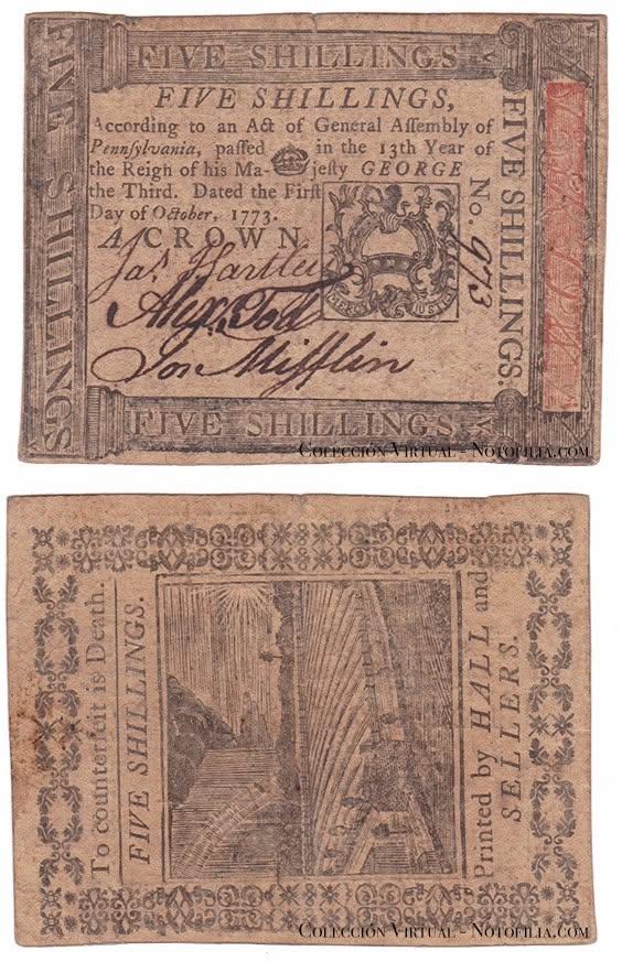Billete colonial de dos chelines y seis peniques y cinco chelines de Pensilvania, 1773, anverso y reverso