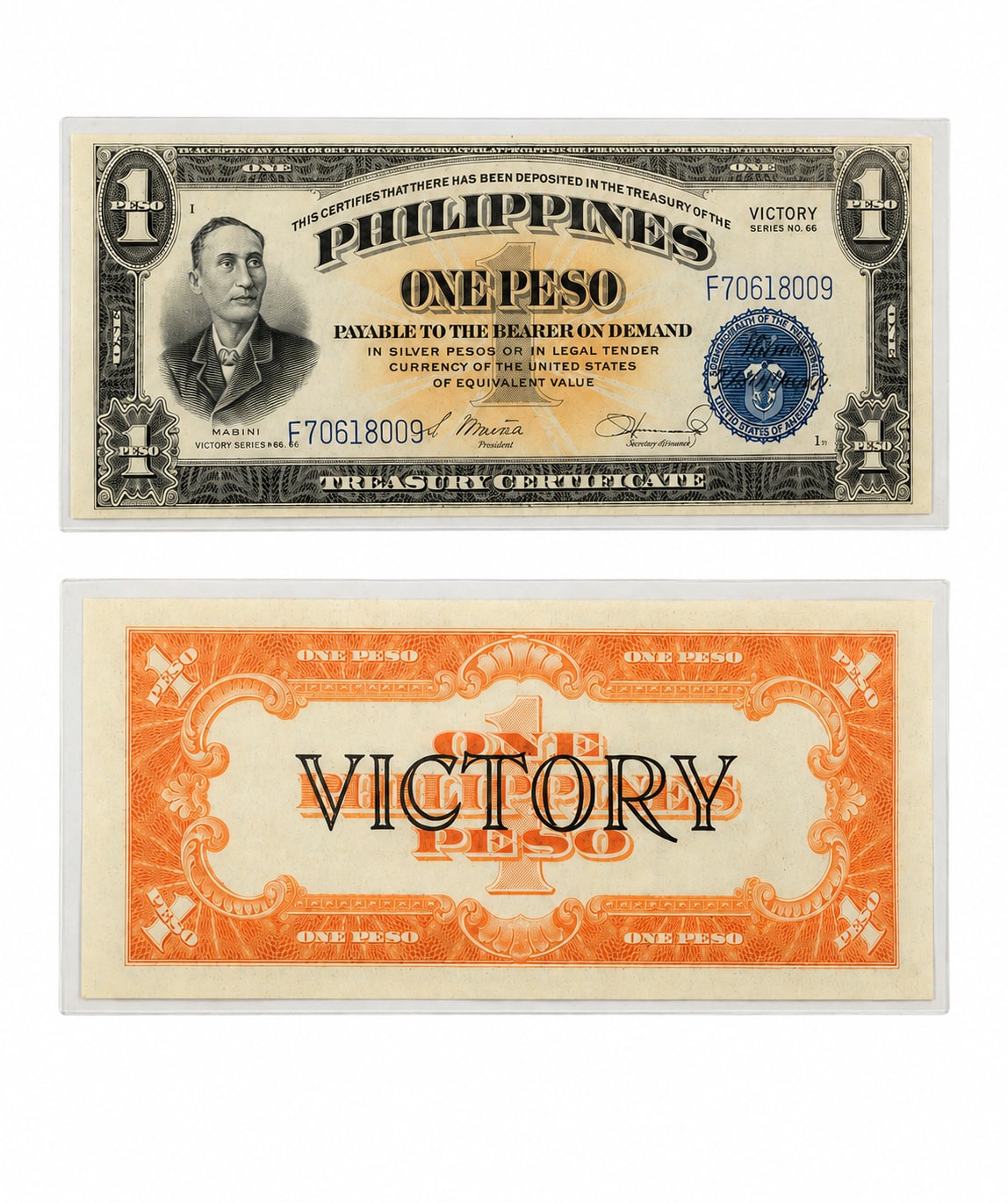 1 Peso Victory Series No. 66: anverso con Apolinario Mabini (arriba) y reverso naranja con sobresello VICTORY (abajo)