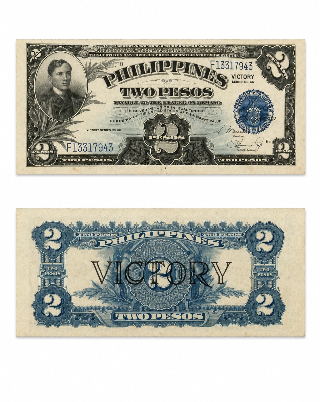 2 Pesos Victory Series No. 66: anverso con José Rizal (arriba) y reverso azul con sobresello VICTORY (abajo)