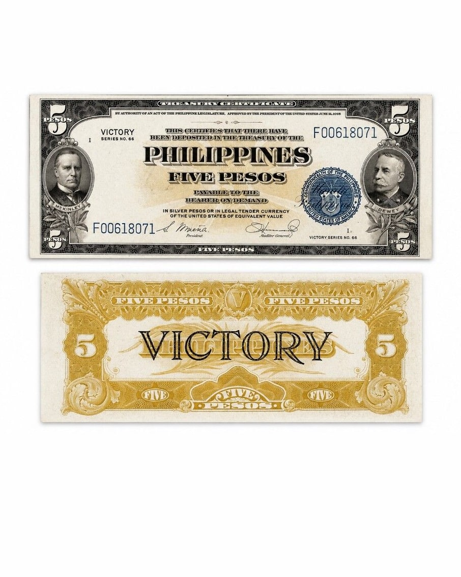 5 Pesos Victory Series No. 66: anverso con McKinley y Dewey (arriba) y reverso amarillo con sobresello VICTORY (abajo)