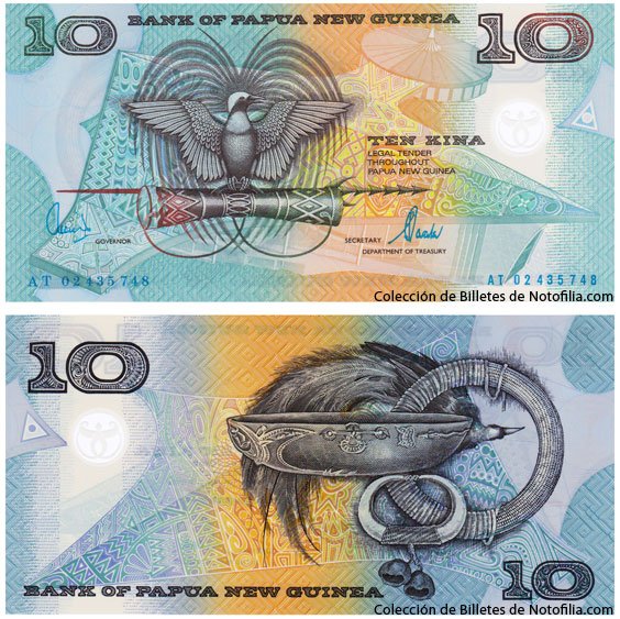 Billete de 10 Kina de polímero de Papúa Nueva Guinea, anverso arriba con el ave del paraíso, reverso abajo con cuenco de la isla Tami