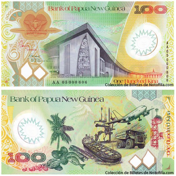 Billetes de polímero del Bank of Papua New Guinea: 2, 5, 10, 50 y 100 Kina