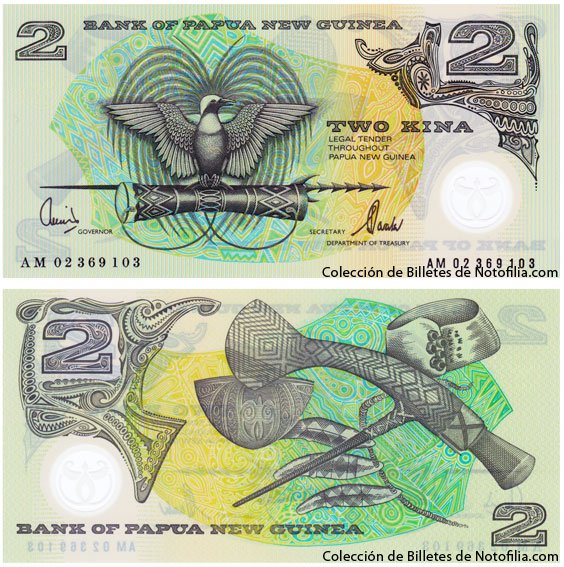 Billete de 2 Kina de polímero de Papúa Nueva Guinea, anverso arriba con el ave del paraíso, reverso abajo con artefactos tribales