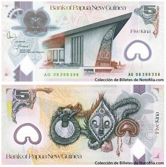 Billete de 5 Kina de polímero de Papúa Nueva Guinea, anverso arriba con el Parlamento Nacional, reverso abajo con máscara ritual y concha kina