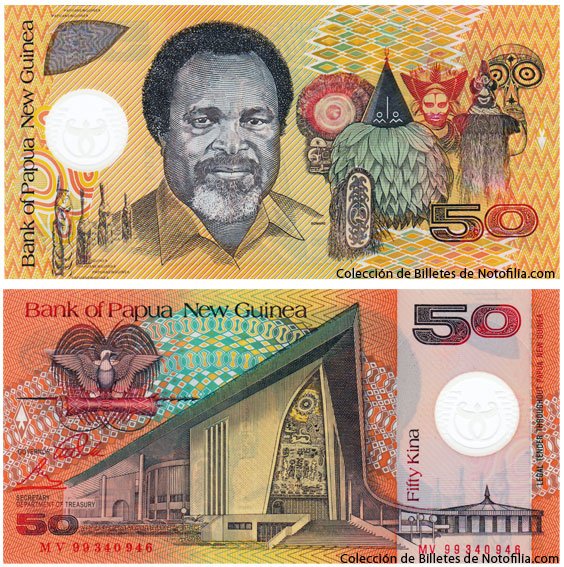Billete de 50 Kina de polímero de Papúa Nueva Guinea, anverso arriba con retrato de Sir Michael Somare, reverso abajo con el Parlamento Nacional