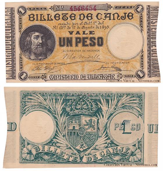 Billete de Canje de Un Peso del Ministerio de Ultramar, Puerto Rico, anverso y reverso, 1895