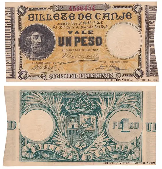 Billete de canje de 1 peso de 1895 del Ministerio de Ultramar, anverso y reverso