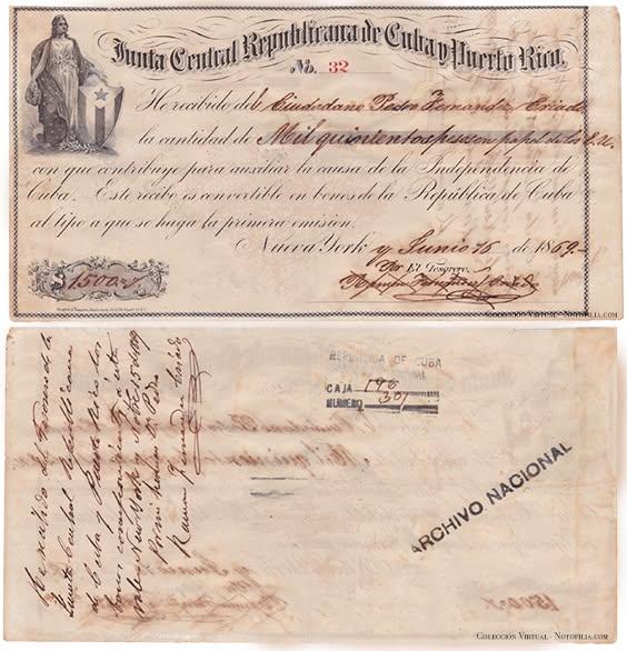 Recibo de contribución de mil quinientos pesos de la Junta Central Republicana de Cuba y Puerto Rico, anverso y reverso, 1869