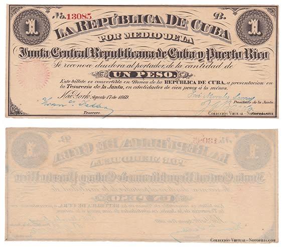 Billete de Un Peso de La República de Cuba emitido por la Junta Central Republicana de Cuba y Puerto Rico, anverso y reverso, 1869