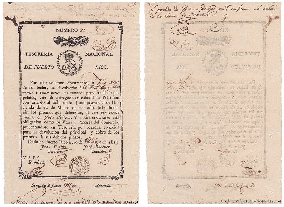Vale de la Tesorería Nacional de Puerto Rico por veinticinco pesos, 1813, anverso y reverso