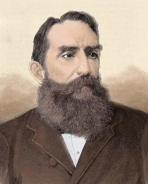 Retrato grabado y coloreado de Rafael Núñez Moledo, presidente de Colombia, con barba y bigote característicos
