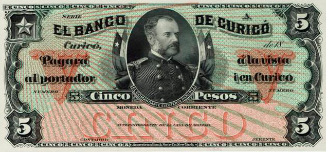 Anverso del billete de 5 pesos del Banco de Curicó, hacia 1882, con Eleuterio Ramírez y el valor en letras