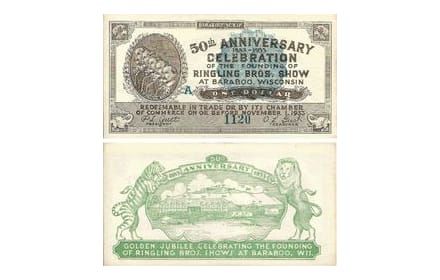 Scrip del 50º aniversario de Ringling Bros., Baraboo, Wisconsin, un dólar, anverso y reverso, 1933