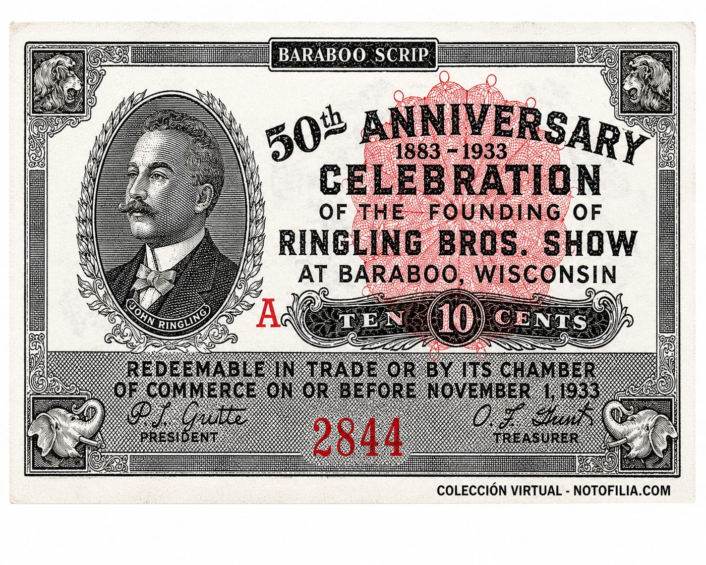 Scrip del 50º aniversario de Ringling Bros., Baraboo, Wisconsin, diez centavos, anverso, 1933