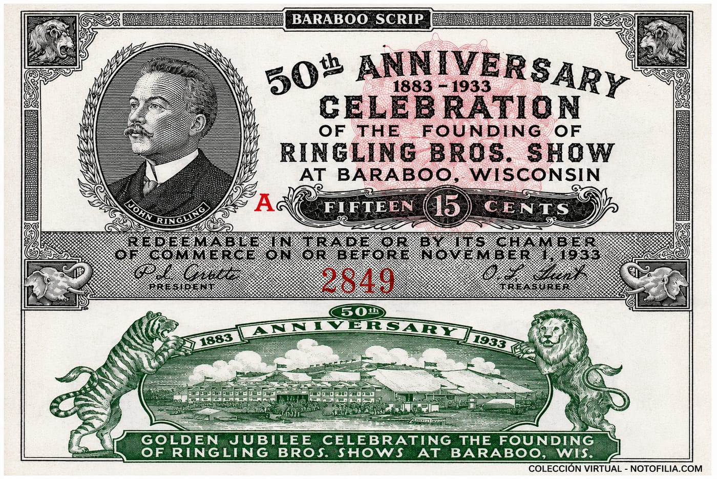 Scrip del 50º aniversario de Ringling Bros., Baraboo, Wisconsin, quince centavos, anverso y reverso, 1933