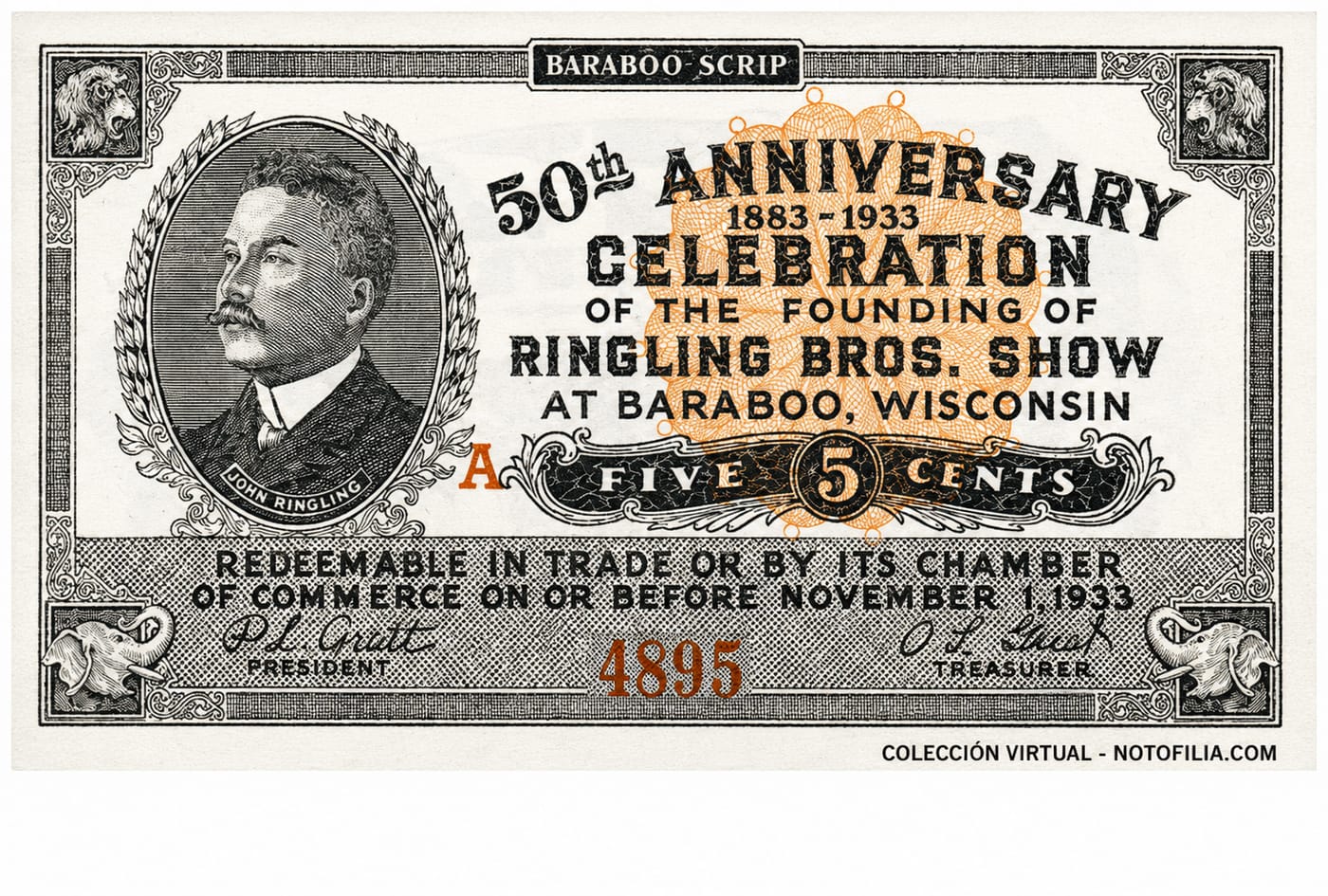 Scrip del 50º aniversario de Ringling Bros., Baraboo, Wisconsin, cinco centavos, anverso, 1933