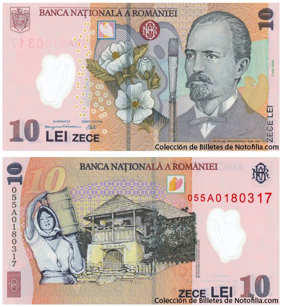 Billete de 10 Lei de polímero de Rumania, anverso arriba con retrato de Nicolae Grigorescu y flores de malva, reverso abajo con una casa fortificada tradicional de Oltenia