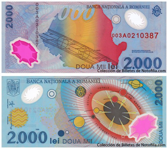 Billetes de polímero de Rumanía: 2.000 Lei del eclipse (1999) y 1, 5, 10 Lei (2005)
