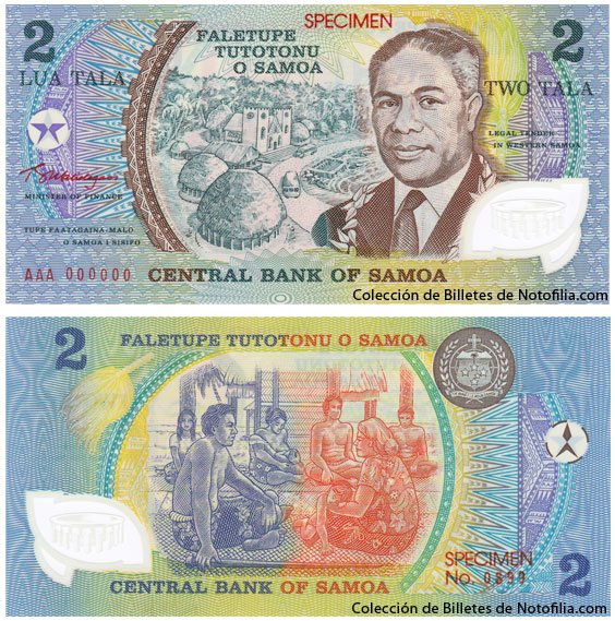 Billete specimen de 2 Tala de polímero del Central Bank of Samoa