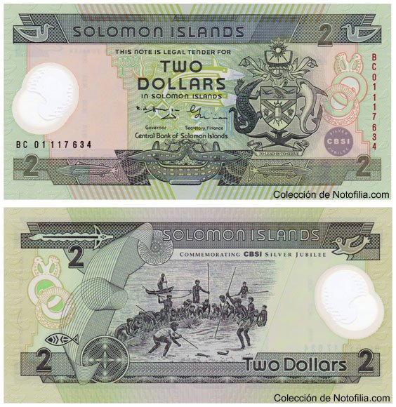 Billete conmemorativo de 2 dólares de polímero del Central Bank of Solomon Islands, Jubileo de Plata, año 2001