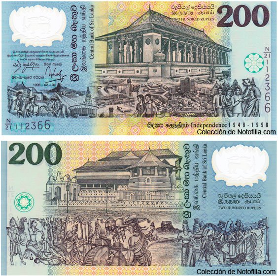 Billete conmemorativo de 200 rupias de polímero del Central Bank of Sri Lanka, 50.º aniversario de independencia, año 1998