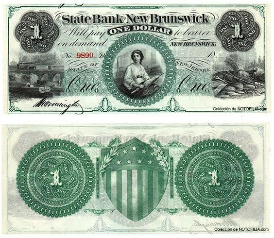 Billete obsoleto de un dólar de The State Bank at New Brunswick, anverso y reverso, hacia 1860