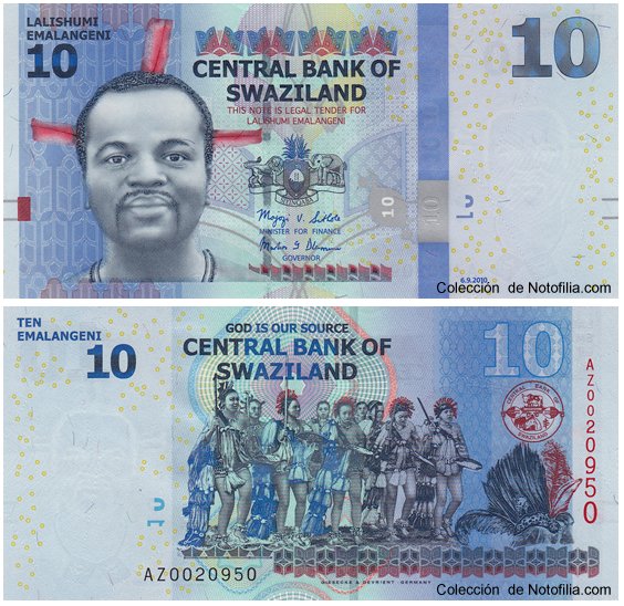 Billete de 10 Emalangeni de Suazilandia, anverso arriba con retrato del Rey Mswati III, reverso abajo con la Danza del Umhlanga