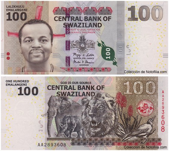 Billetes híbridos de Suazilandia: 10, 20, 50, 100 y 200 Emalangeni (2010)