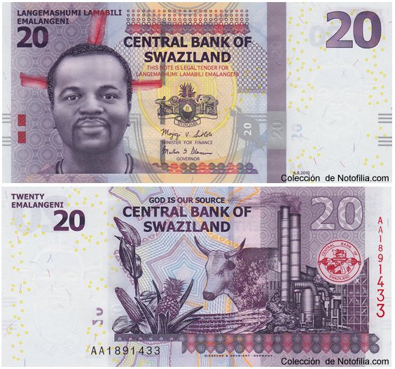 Billete de 20 Emalangeni de Suazilandia, anverso arriba con perfil del Rey Mswati III, reverso abajo con maíz, piñas, ganado y una planta industrial