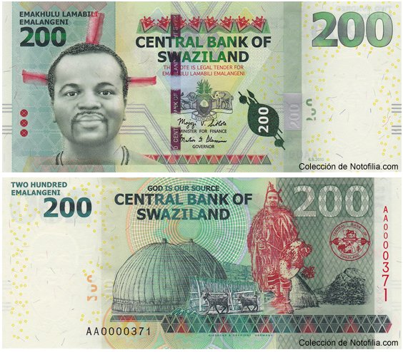 Billete de 200 Emalangeni de Suazilandia, anverso arriba con retrato del Rey Mswati III, reverso abajo con viviendas rurales de paja y un guerrero tradicional suazi