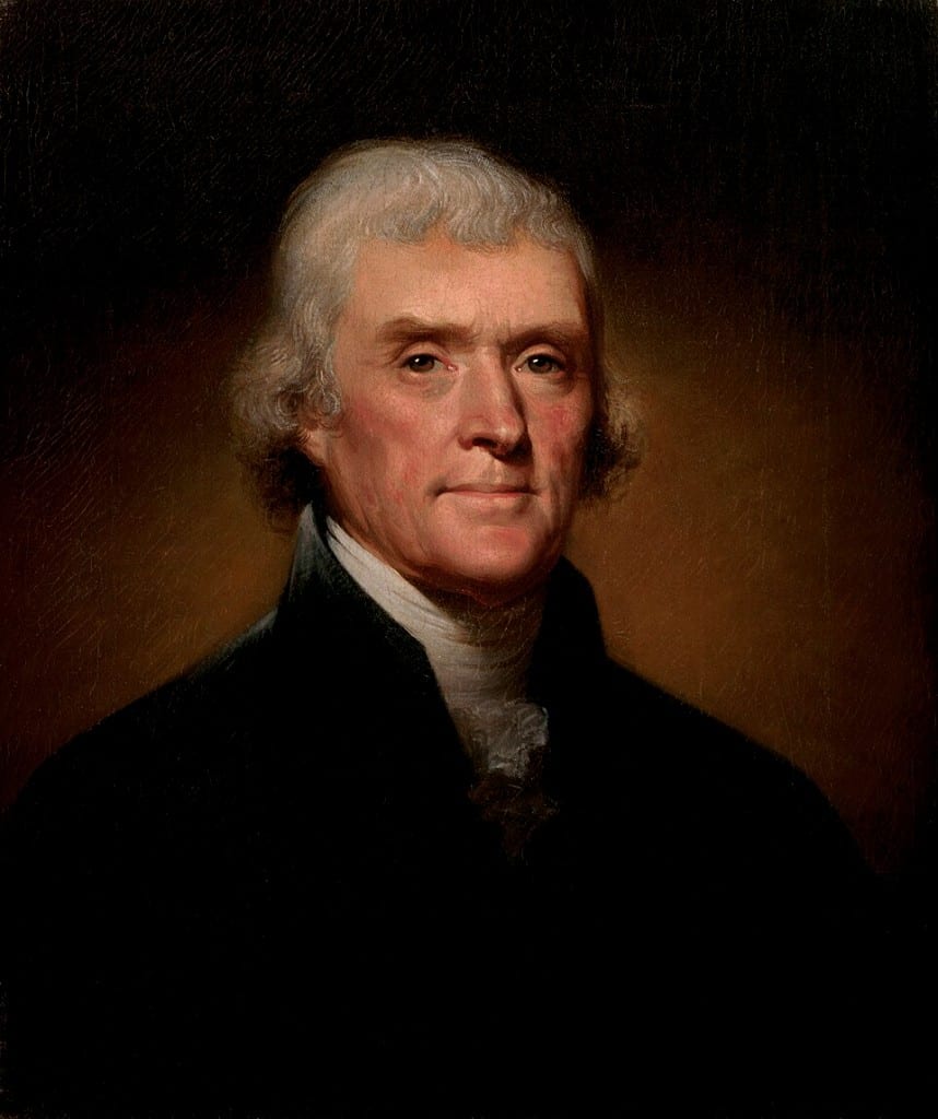 Retrato al óleo de Thomas Jefferson con casaca oscura y corbata blanca, por Rembrandt Peale