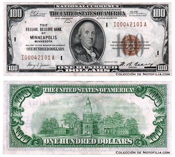 Billete de cien dólares del Federal Reserve Bank Note de Minneapolis, serie de 1929, sello marrón, anverso y reverso